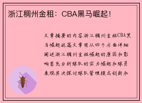 浙江稠州金租：CBA黑马崛起！